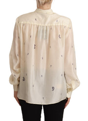 Aspesi Off White 100% Silk Long Sleeves Collared Top Blouse