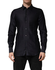 Dolce & Gabbana Black Dotted Cotton Collared GOLD Dress Shirt