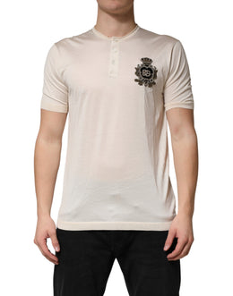 Dolce & Gabbana Off White Silk Logo Patch Men Henley T-shirt