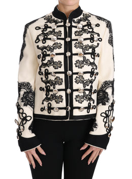 Dolce & Gabbana White Wool Black Floral Baroque Jacket