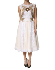 Dolce & Gabbana Ivory Lace Silk Embellished Sleeveless  Dress
