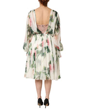 Dolce & Gabbana Floral Rose Ivory Silk Blend Longsleeve Dress