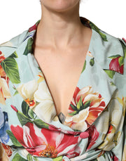 Dolce & Gabbana Floral Rose Ivory Silk Blend Longsleeve Dress