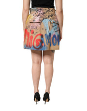 Dolce & Gabbana Beige Graffiti Print Cotton Blend Mini Skirt