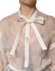 Dolce & Gabbana White Sheer Silk Blouse Lace Bow Tie Blouse Top