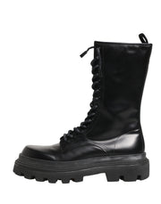 Dolce & Gabbana Black Leather Trek Sole Combat Boots Shoes