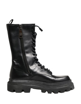 Dolce & Gabbana Black Leather Trek Sole Combat Boots Shoes