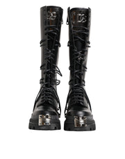 Dolce & Gabbana Black Leather Knee High Combat Boots Shoes