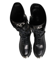 Dolce & Gabbana Black Leather Knee High Combat Boots Shoes