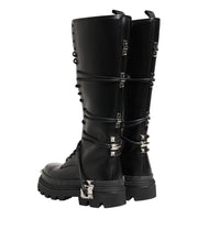 Dolce & Gabbana Black Leather Knee High Combat Boots Shoes