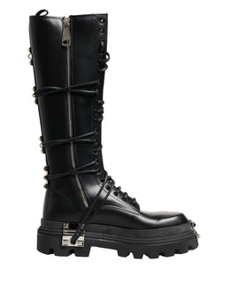 Dolce & Gabbana Black Leather Knee High Combat Boots Shoes