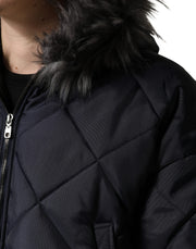 Dolce & Gabbana Black Quilted Fur Shearling Hooded  Jacket