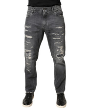Dolce & Gabbana Dark Gray Tattered Cotton Loose Denim Jeans