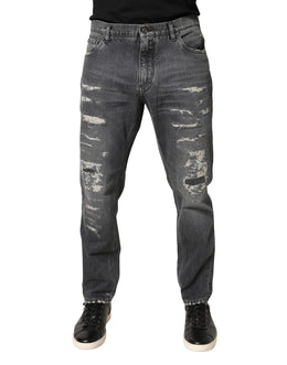 Dolce & Gabbana Dark Gray Tattered Cotton Loose Denim Jeans