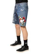 Dolce & Gabbana Blue Floral Embroidery Tattered Denim Shorts