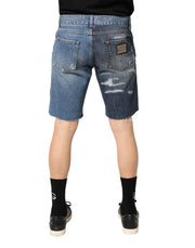Dolce & Gabbana Blue Floral Embroidery Tattered Denim Shorts