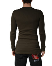 Dolce & Gabbana Brown Cotton Buttoned Henley Pullover Sweater