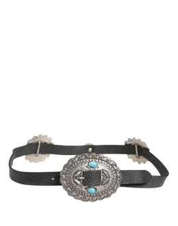 Cavalli Class Black Turquoise Leather Embellished Oval Buckle Belt