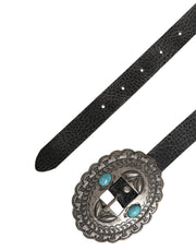 Cavalli Class Black Turquoise Leather Embellished Oval Buckle Belt