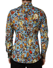Dolce & Gabbana Blue Cotton Jewel Print Button Down GOLD Shirt