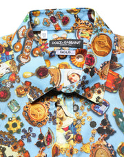 Dolce & Gabbana Blue Cotton Jewel Print Button Down GOLD Shirt