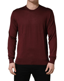 Dolce & Gabbana Maroon Silk Men Crew Neck Pullover Sweater