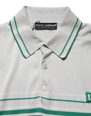 Dolce & Gabbana Gray Green Striped Logo Silk Polo T-shirt