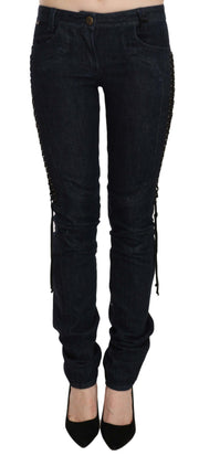 Just Cavalli Blue Low Waist Skinny Trousers Braided String Pants