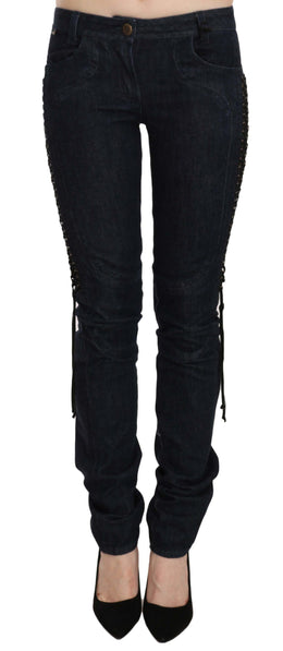 Just Cavalli Blue Low Waist Skinny Trousers Braided String Pants