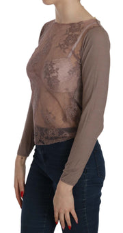 PINK MEMORIES Brown Lace See Through Long Sleeve Top