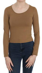 GF Ferre Brown Long Round Neck Sleeve Fitted Shirt Tops Blouse