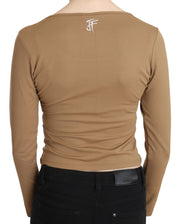 GF Ferre Brown Round Neck Long Sleeve Slim Crop Top Blouse