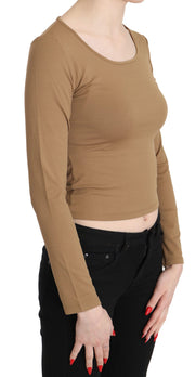 GF Ferre Brown Round Neck Long Sleeve Slim Crop Top Blouse