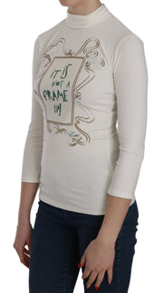 Exte White Printed Turtle Neck 3/4 Sleeve Top Cotton Blouse