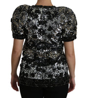 Dolce & Gabbana Black Sequined Crystal Embellished Top Blouse