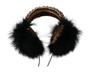 Dolce & Gabbana Gold Black Crystal Fur Headset Audio Headphones