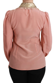 Dolce & Gabbana Pink Silk Gold Sequin Lace Blouse Shirt