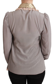Dolce & Gabbana Gray Silk Gold Sequin Lace Blouse Shirt