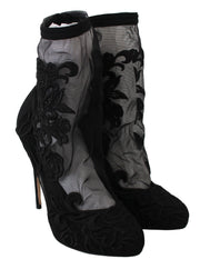 Dolce & Gabbana Black Roses Stilettos Booties Socks Shoes