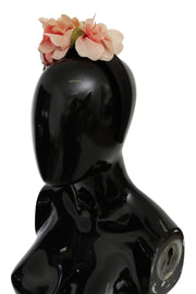 Dolce & Gabbana Pink Silk Black Floral Headband Logo Diadem