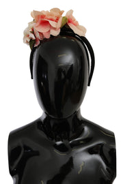 Dolce & Gabbana Pink Silk Black Floral Headband Logo Diadem