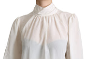 Dolce & Gabbana White Silk Pussy Bow Long Sleeved Top Blouse