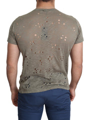 Guess Brown Cotton Stretch Logo Print Men Casual Perforated T-shirt