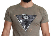 Guess Brown Cotton Stretch Logo Print Men Casual Perforated T-shirt