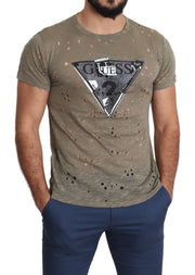 Guess Brown Cotton Stretch Logo Print Men Casual Perforated T-shirt