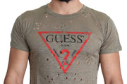 Guess Brown Cotton Stretch Logo Print Men Casual Perforated T-shirt
