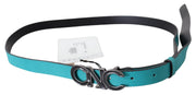 Costume National Blue Green Leather Logo Silver Buckle Belt