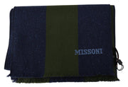Missoni Green Striped Wool Unisex Neck Wrap Shawl Blue