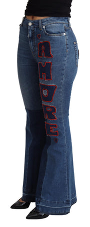 Dolce & Gabbana Blue Amore Patch Boot Cut Cotton Stretch Pant