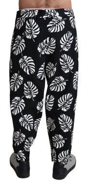 Dolce & Gabbana Black Leaf Cotton Stretch Trouser Pants Pants